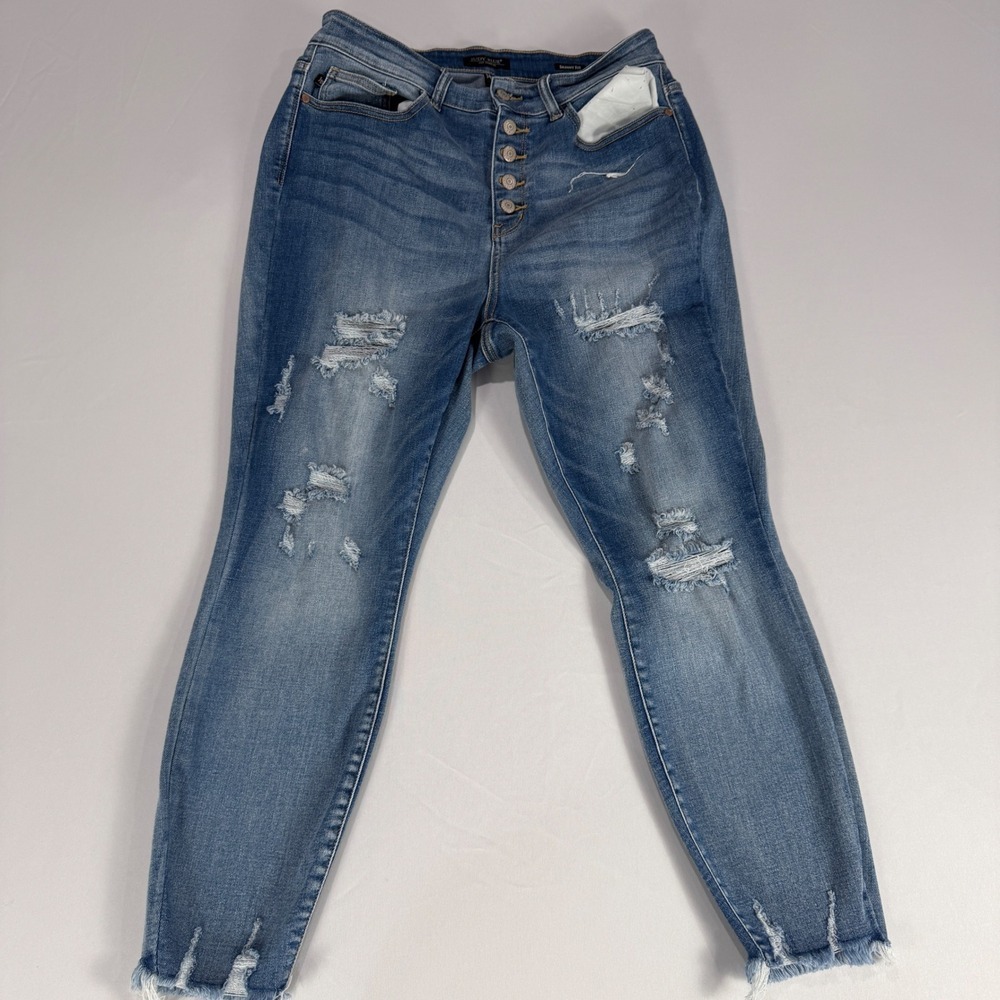 Judy Blue Womens 14W Distressed Frayed Hem High Rise Button Fly Skinny Jeans